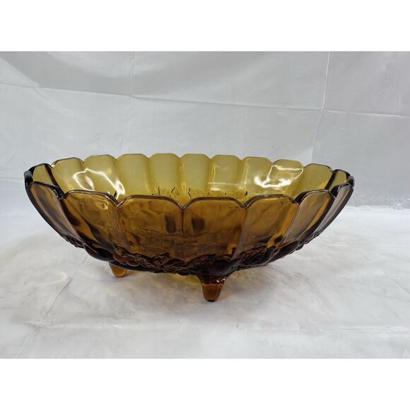 Indiana Glass Harvest Grape Carnival Fruit Bowl Oval Amber Footed MCM Vintage - Picture 3 of 10